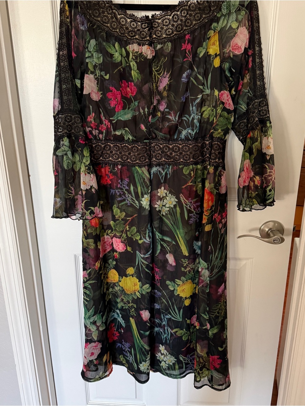 Tadashi Shoji Black Sheer Floral Midi Dress with Multi-Color Bloom